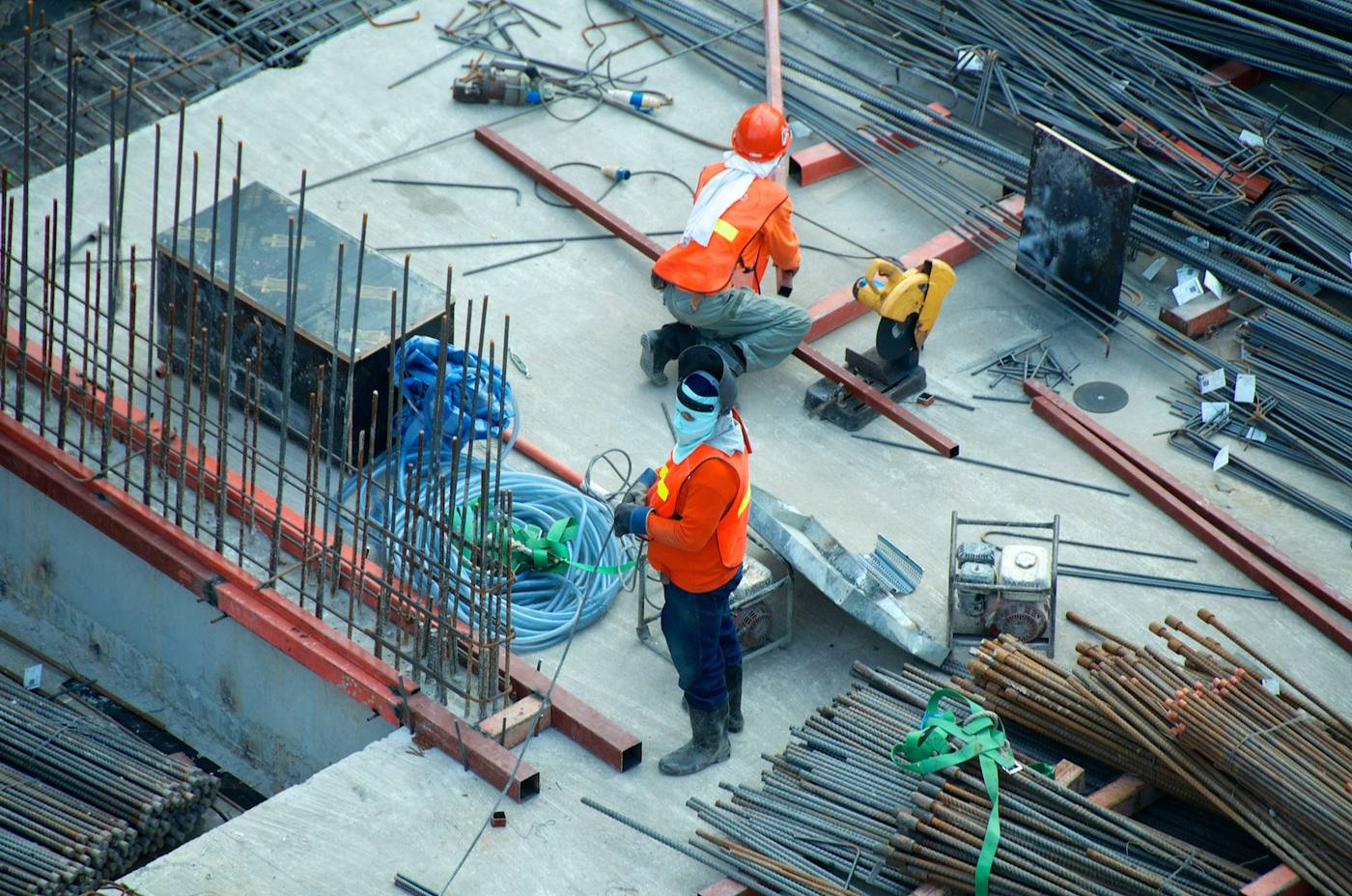 Steel reinforcement and concrete work on a construction site
